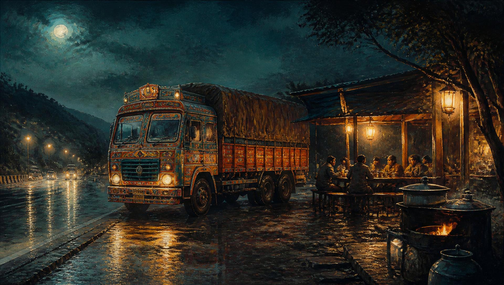 Painted Indian cargo truck on a rainy night highway beside a lantern-lit dhaba